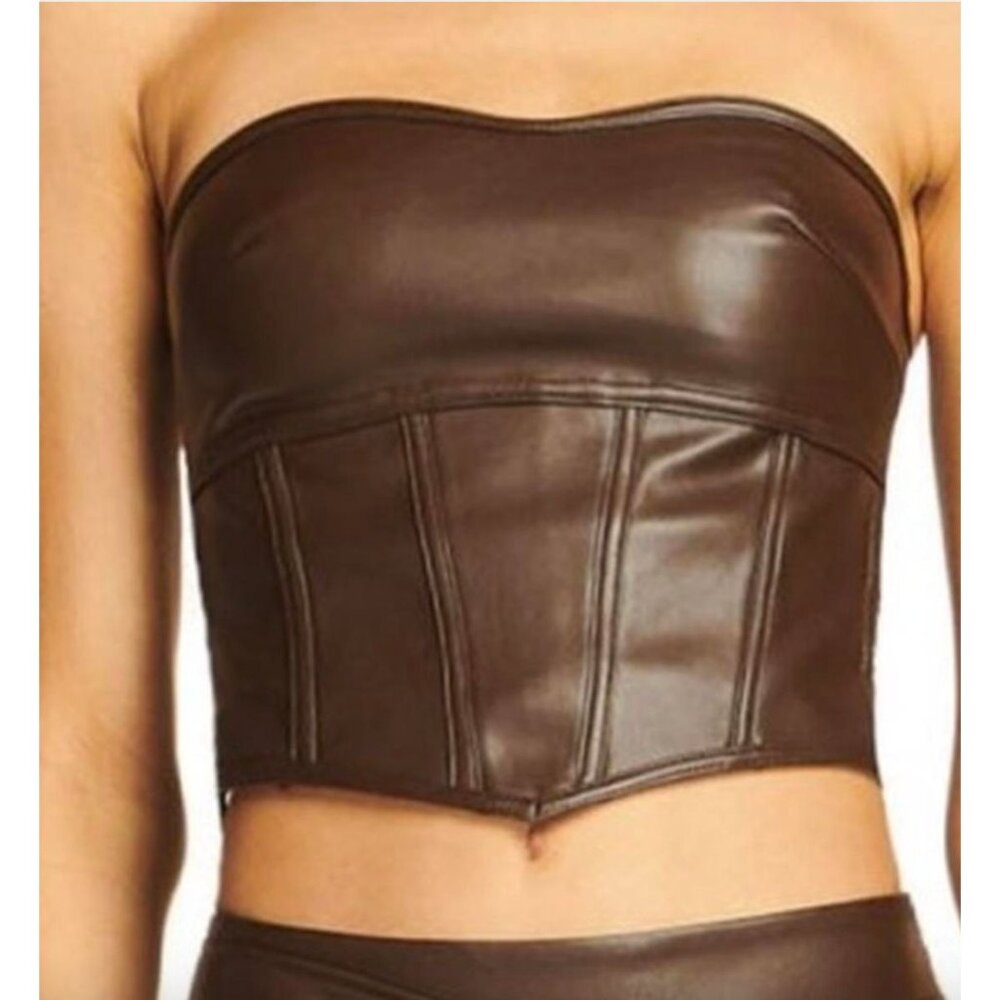 I. AM. GIA Brown Faux Leather Vena‎ Corset Side Tie Top Size Small